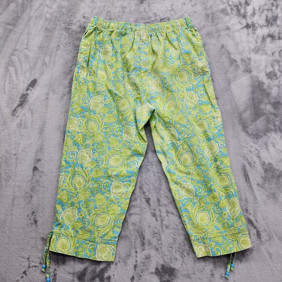 Vintage 90s Erika Pants Womens M Green Blue Leaf Print Linen Blend Pull On Crop - Picture 2 of 9